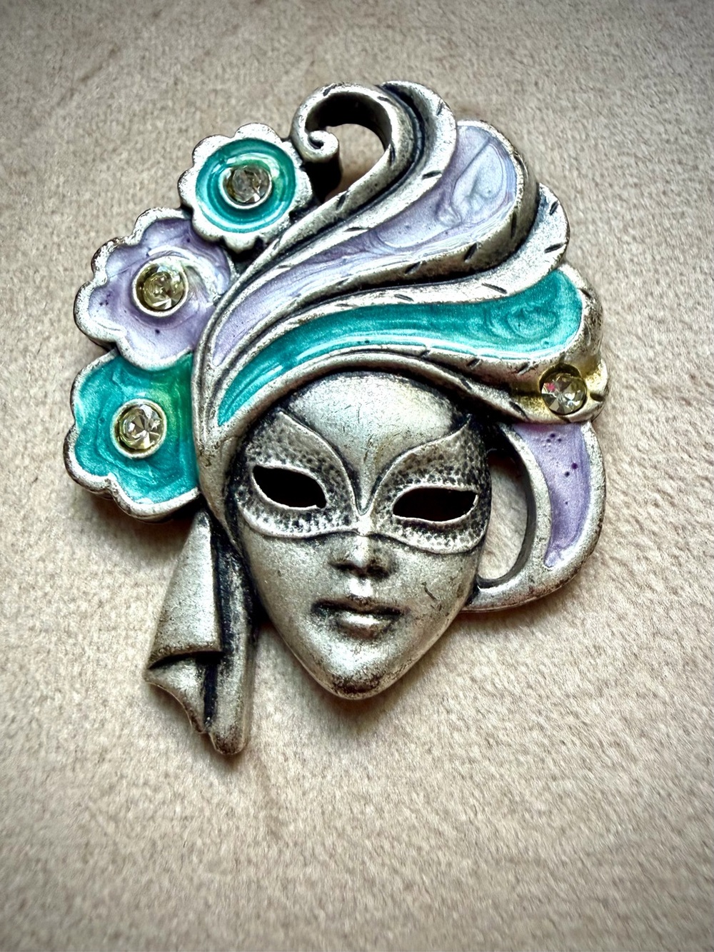 Silver Masquerade Mask Brooch with Teal and Lavender Accents